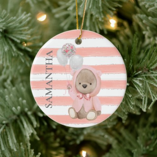 Teddy Bear Pink Girls Personalized Baby Gift  Ceramic Ornament