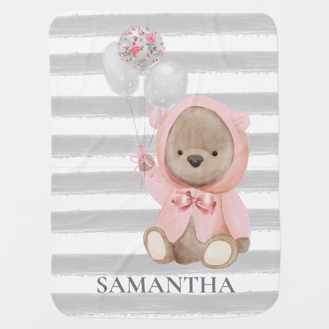 Teddy Bear Pink Girl's Personalized Room  Baby Blanket (Front)