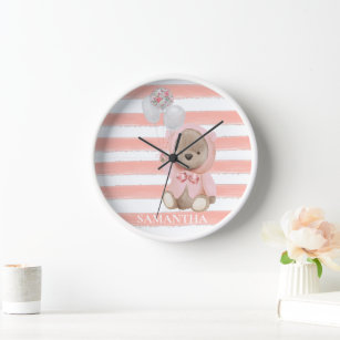 Teddy Bear Pink Girl's Personalized Room Clock