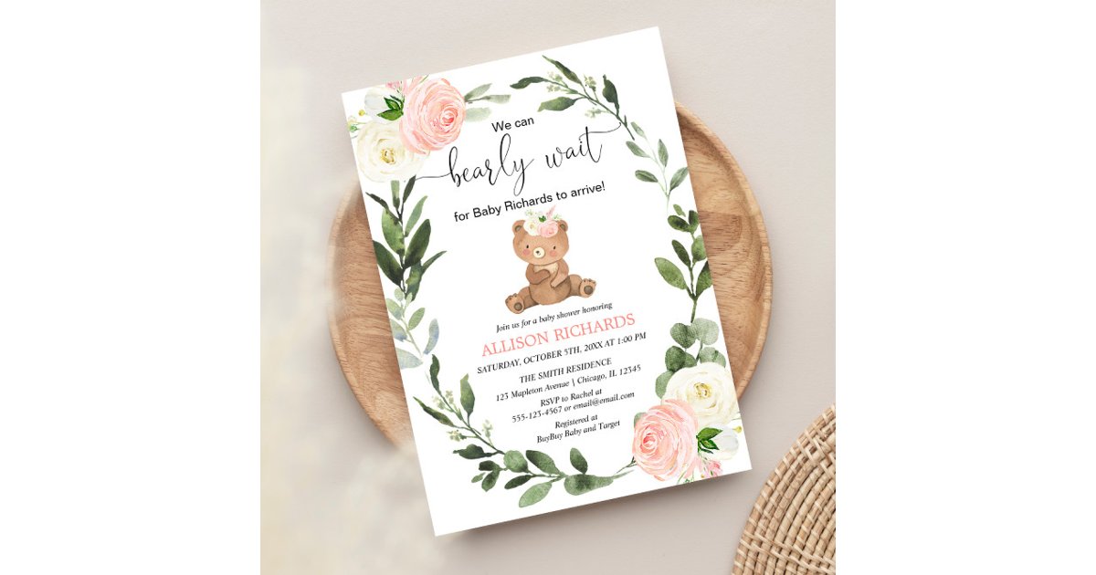 Teddy Bear pink greenery floral girl baby shower Invitation | Zazzle