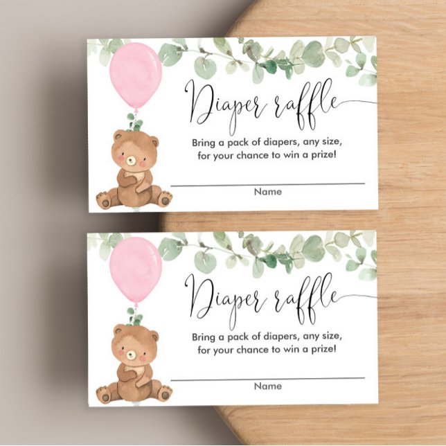 Teddy bear pink greenery girl shower diaper raffle enclosure card (Creator Uploaded)