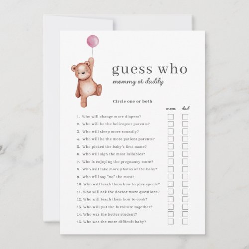Teddy Bear Pink Guess Who Baby Shower Game Invitation