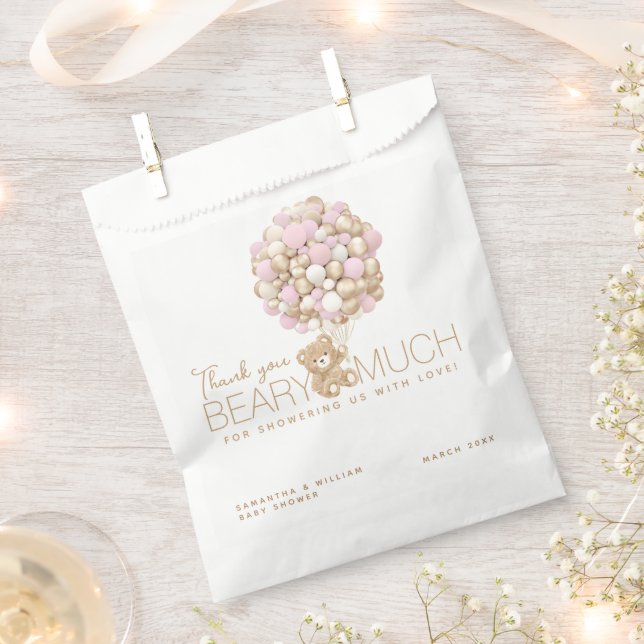 Teddy Bear Pink Heart & Balloon Baby Girl Shower Favor Bag (Clipped)