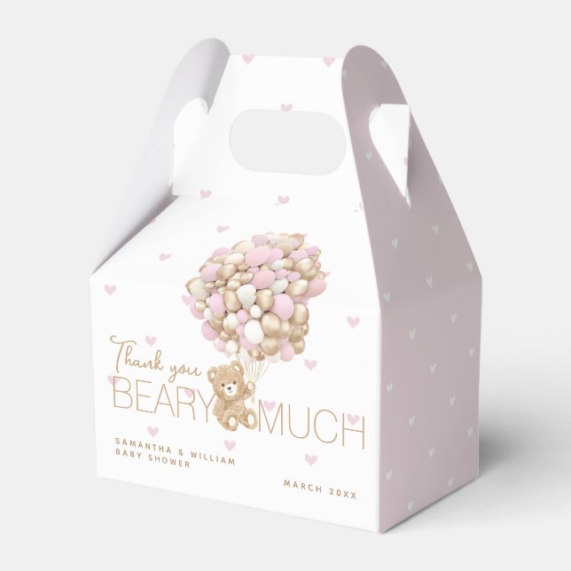 Teddy Bear Pink Heart & Balloon Baby Girl Shower Favor Boxes (Back Side)