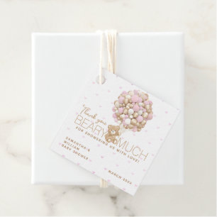 Teddy Bear Pink Heart & Balloon Baby Girl Shower Favor Tags