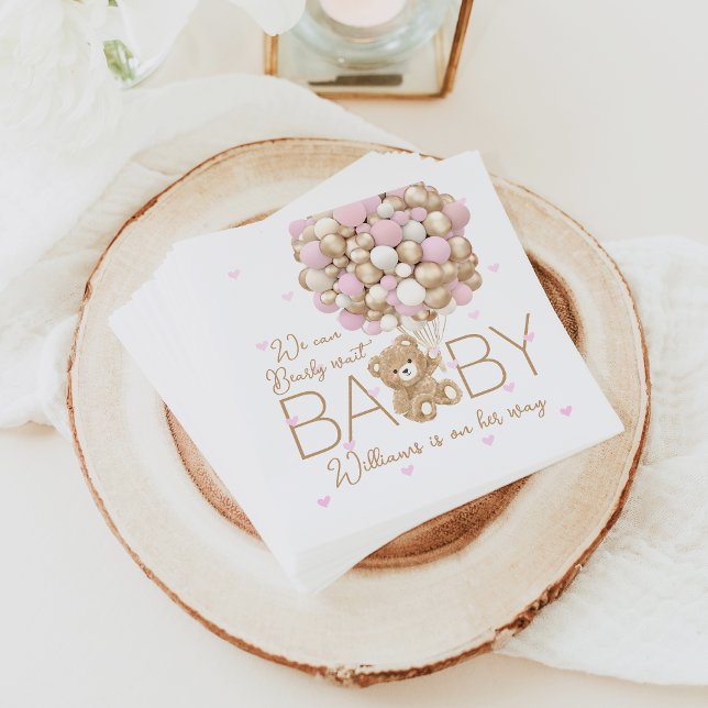 Teddy Bear Pink Heart & Balloon Baby Girl Shower Napkins (Creator Uploaded)