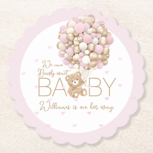 Teddy Bear Pink Heart  Balloon Baby Girl Shower Paper Coaster