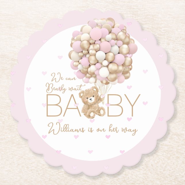 Teddy Bear Pink Heart & Balloon Baby Girl Shower Paper Coaster (Front)
