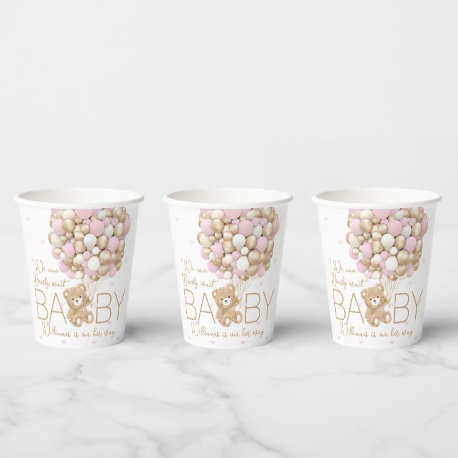 Teddy Bear Pink Heart & Balloon Baby Girl Shower Paper Cups (Multi)