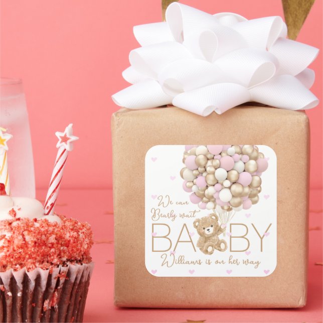Teddy Bear Pink Heart & Balloon Baby Girl Shower Square Sticker (Party)
