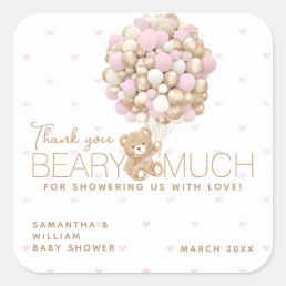 Teddy Bear Pink Heart &amp; Balloon Baby Girl Shower Square Sticker