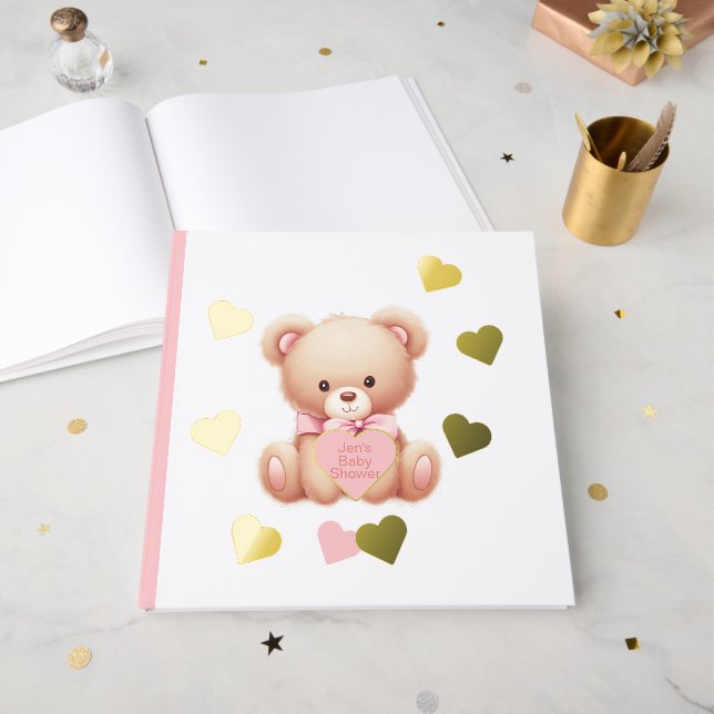 Teddy Bear Pink Hearts Foil Guestbook (Front Open)
