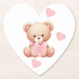 Teddy Bear Pink Hearts Paper Coaster