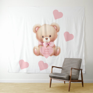 Teddy Bear Pink Hearts Tapestry Backdrop