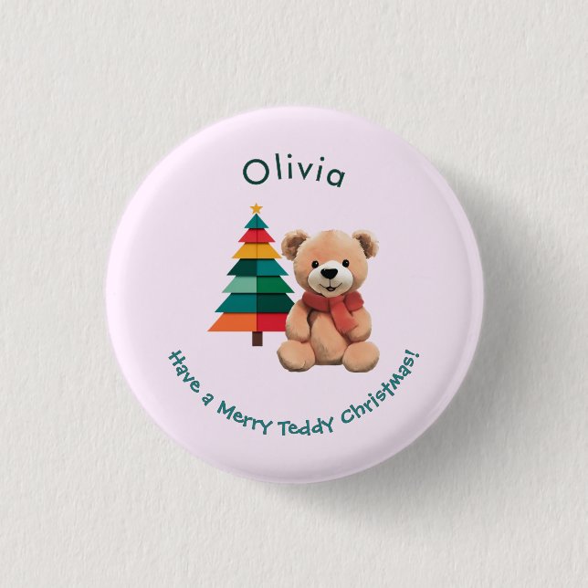 Teddy Bear Pink Holiday Badge Merry Christmas Button (Front)