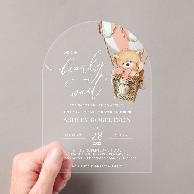 Teddy Bear, Pink Hot Air Balloon, Baby Shower Acrylic Invitations (Insitu (Handheld))