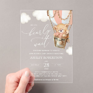 Teddy Bear, Pink Hot Air Balloon, Baby Shower Acrylic Invitations