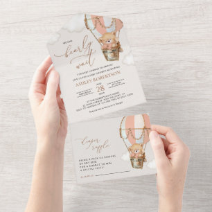 Teddy Bear, Pink Hot Air Balloon, Baby Shower All In One Invitation
