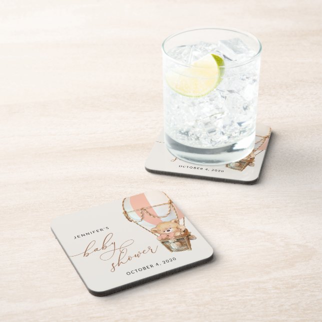 Teddy Bear, Pink Hot Air Balloon, Baby Shower Beverage Coaster (Right Side)