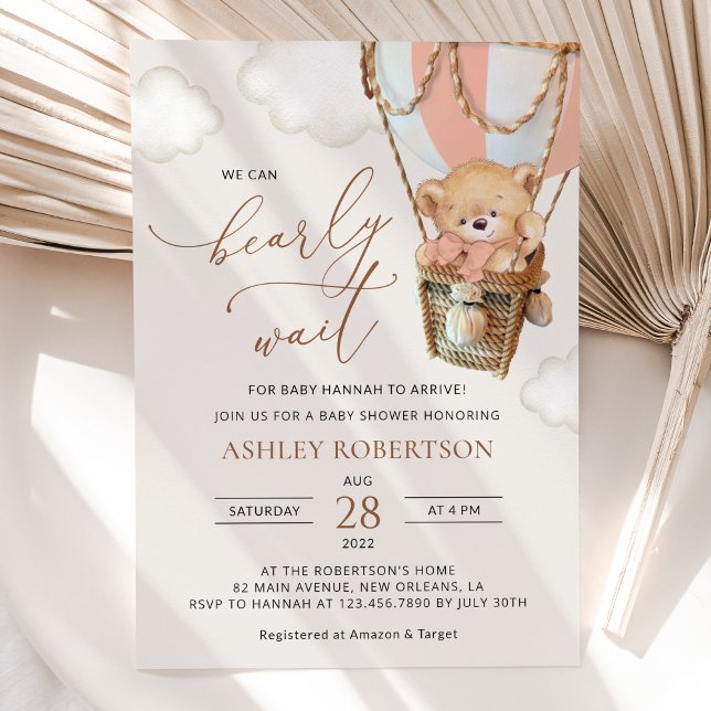 Teddy Bear, Pink Hot Air Balloon, Baby Shower Invitation (Creator Uploaded)