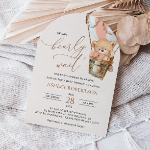 Teddy Bear, Pink Hot Air Balloon, Baby Shower Invitation