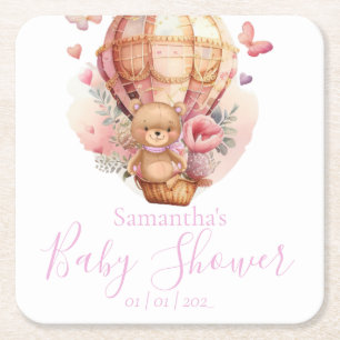 Teddy Bear Pink Hot Air Balloon Baby Shower Square Paper Coaster