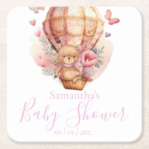 Teddy Bear Pink Hot Air Balloon Baby Shower  Square Paper Coaster