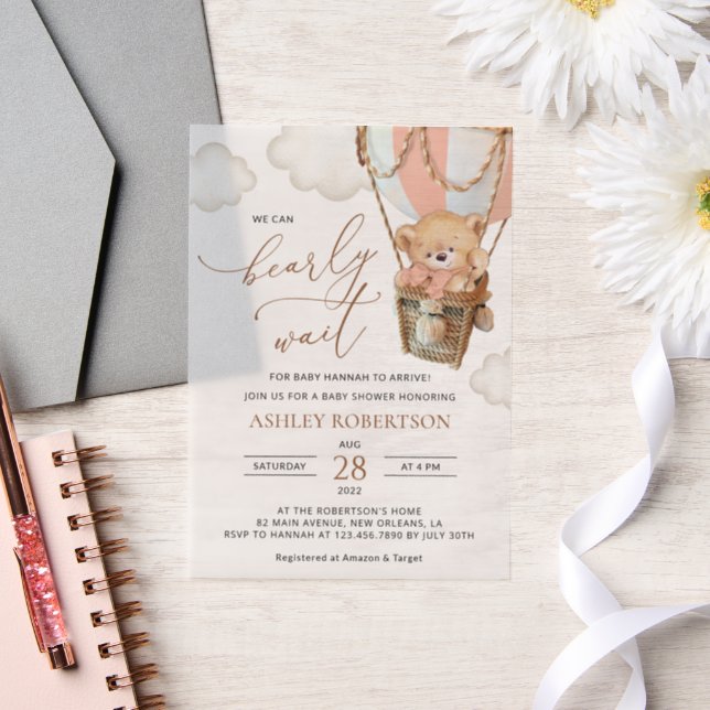 Teddy Bear, Pink Hot Air Balloon, Baby Shower Vellum Invitations (Wedding)