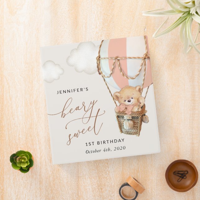 Teddy Bear, Pink Hot Air Balloon, First Birthday 3 Ring Binder (In Situ)