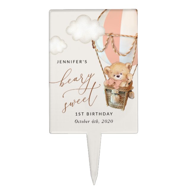 Teddy Bear, Pink Hot Air Balloon, First Birthday Cake Topper (Front)