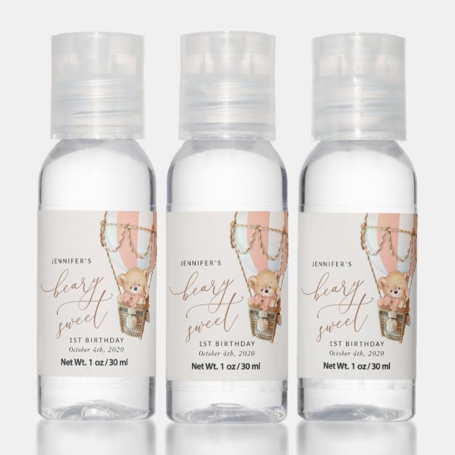 Teddy Bear, Pink Hot Air Balloon, First Birthday Hand Sanitizer (Set)