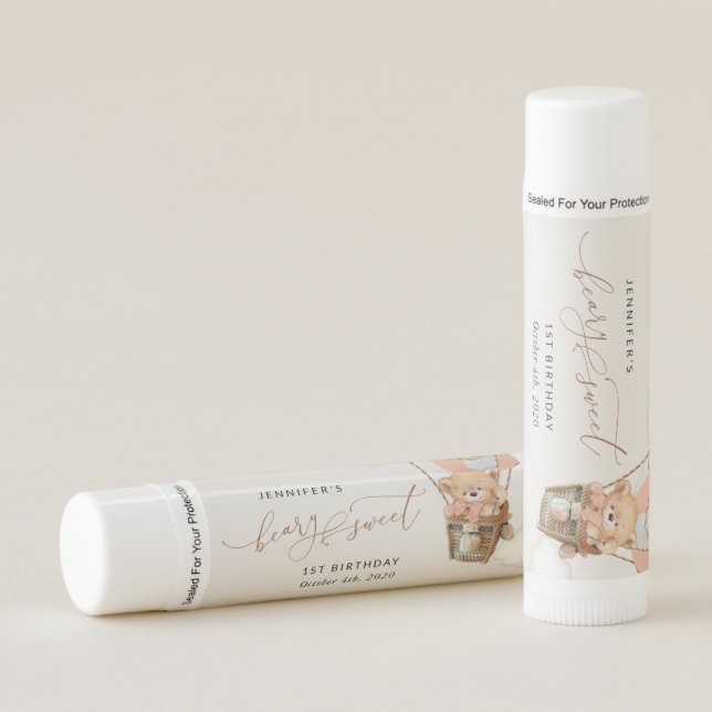 Teddy Bear, Pink Hot Air Balloon, First Birthday Lip Balm (Front)