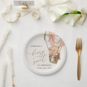Teddy Bear, Pink Hot Air Balloon, First Birthday Paper Plates