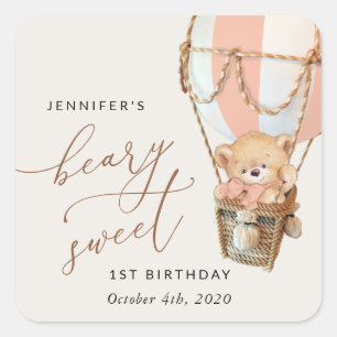 Teddy Bear, Pink Hot Air Balloon, First Birthday Square Sticker