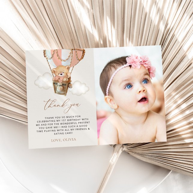Teddy Bear, Pink Hot Air Balloon, First Birthday Thank You Card (Creator Uploaded)