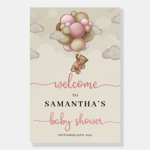 Teddy bear pink ivory balloons baby shower welcome foam board