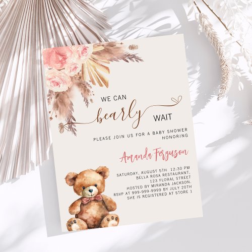 Teddy bear pink pampas grass girl baby shower invitation