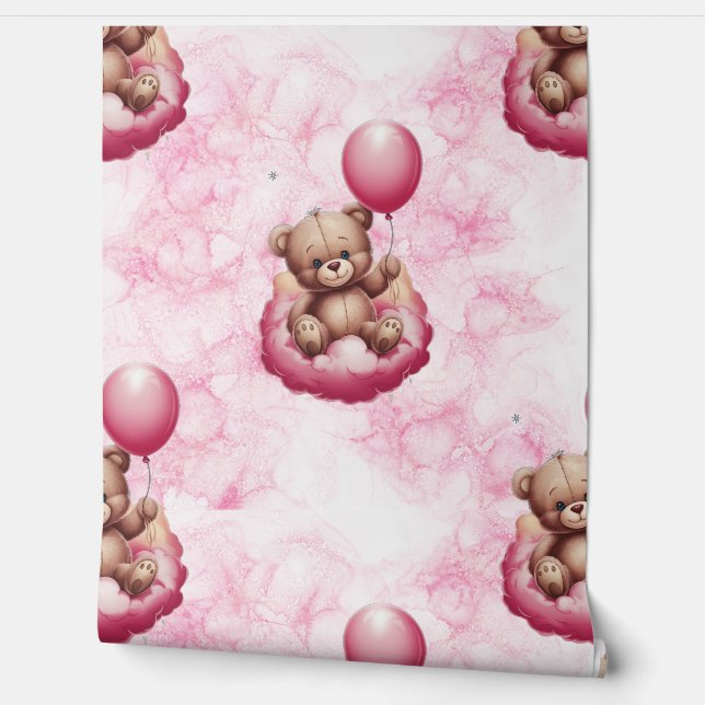 Teddy Bear Pink Pattern Baby Nursery Room  Wallpaper (Unrolling)