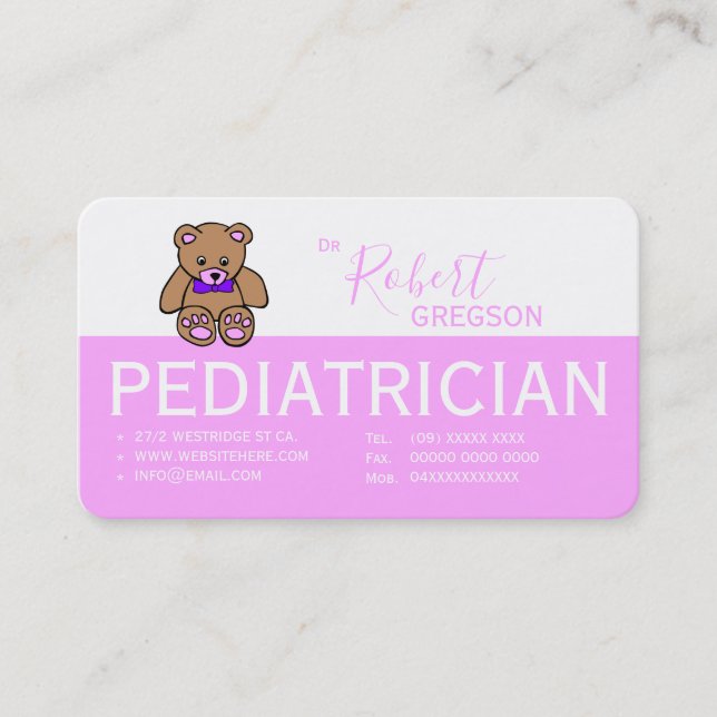 Teddy Bear Pink  Pediatrician Appointment Card (Front)