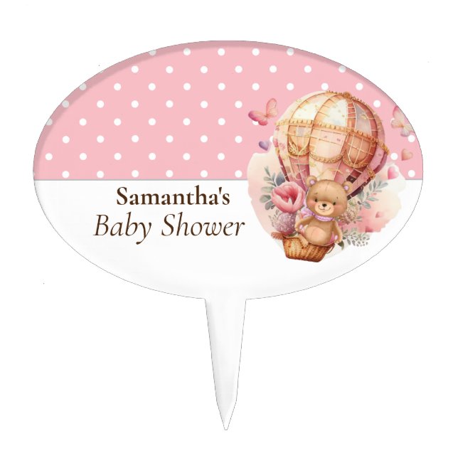 Teddy Bear Pink Poka Dots Hot Air balloon  Cake Topper (Front)