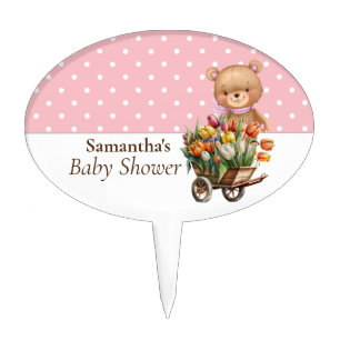 Teddy Bear Pink Poka Dots Rustic Floral Cake Topper