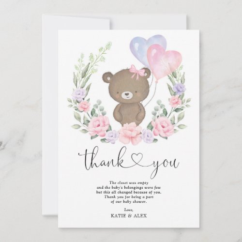 Teddy Bear Pink Purple Floral Balloons Baby Girl Thank You Card