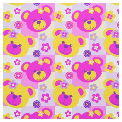 Teddy bear pink purple yellow white button pattern fabric
