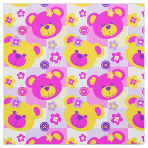 Teddy bear pink purple yellow white button pattern fabric