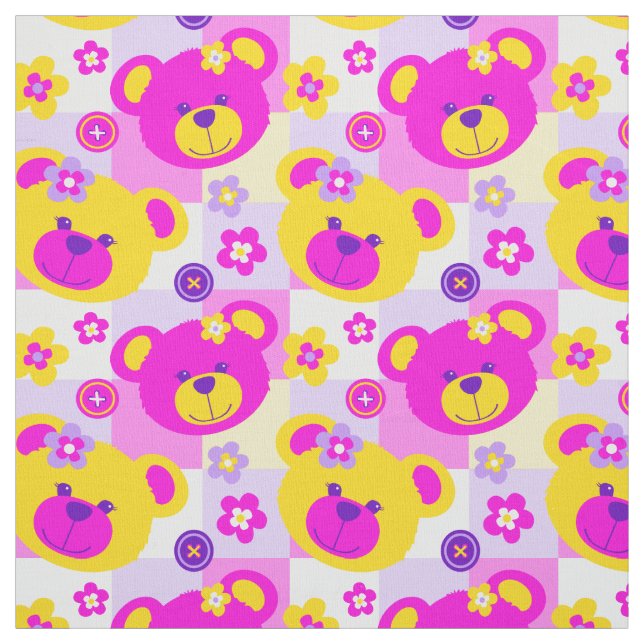 Teddy bear pink purple yellow white button pattern fabric (Swatch)