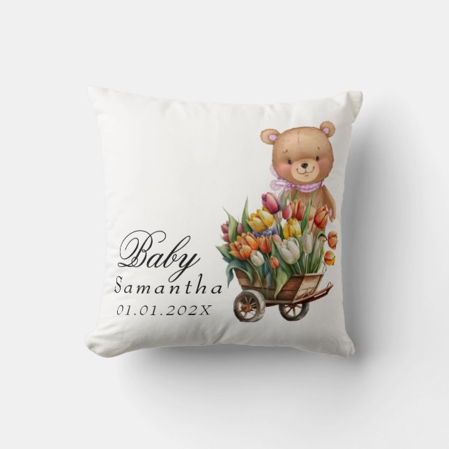 Teddy Bear Pink Rustic Floral Throw Pillow (Front)