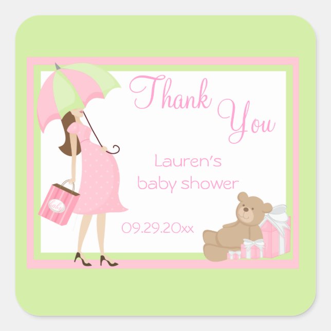 Teddy Bear Pink Shopper Baby Shower Stickers (Front)