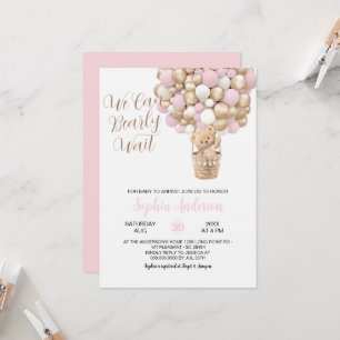 Teddy Bear Pink Tan Balloons Girl Baby Shower Invitation