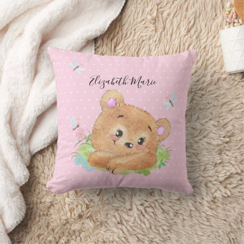 Teddy Bear Pink Theme Baby Girl Shower Gift  Throw Pillow