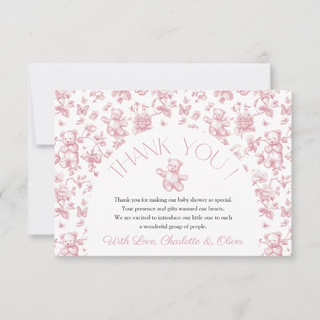 Teddy Bear Pink Toile Baby Shower Thank You Card (Front)
